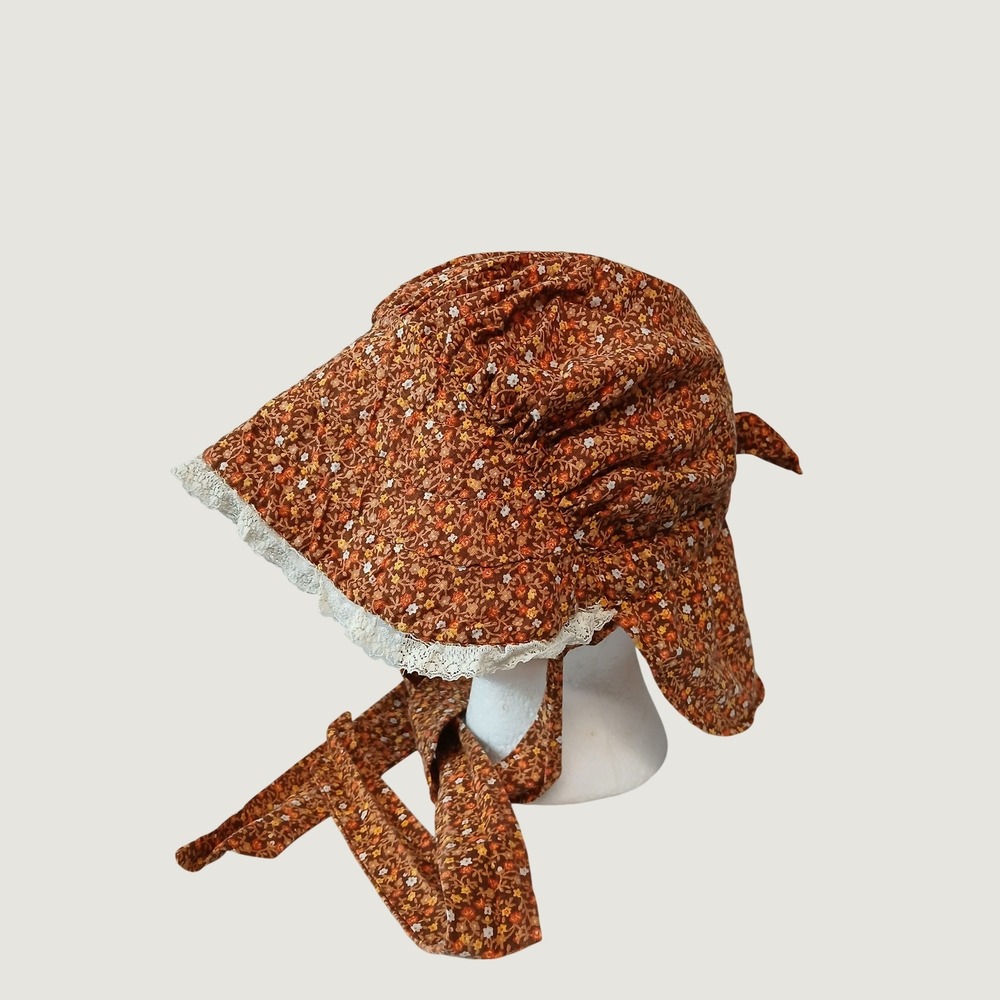 Vintage 70s Earth Tone Floral Calico Sun Bonnet Ditsy Lace Trim Womens Cosplay